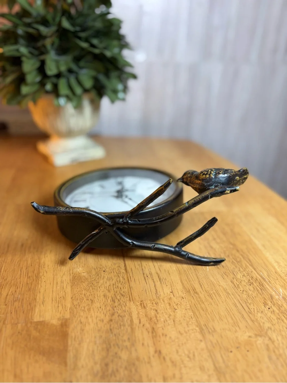 Rustic Bronze Finish Bird on Branch Analog Table Clock Decorative Home Decor